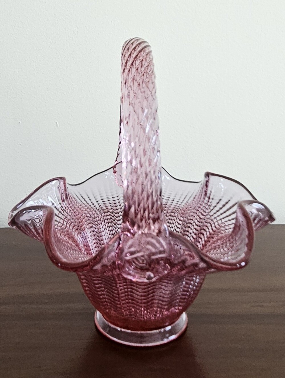 Vintage Fenton Art Glass Silverton Basket – Pink/Cranberry Ruffled